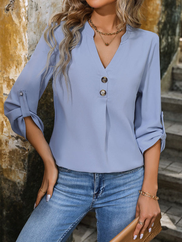 Blouses- Solid V-Neck Blouse with Roll-Up Sleeves- - Chuzko Women Clothing