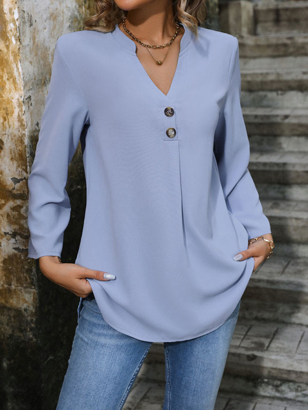 Blouses- Solid V-Neck Blouse with Roll-Up Sleeves- - Chuzko Women Clothing