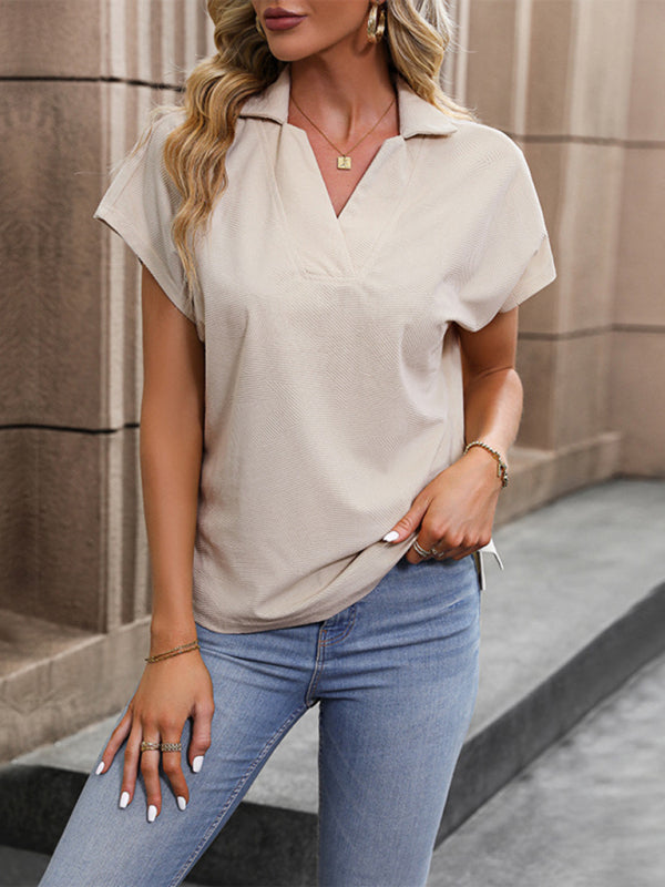Blouses- Solid V-Neck Collared Blouse with Short Sleeves- Chuzko Women Clothing