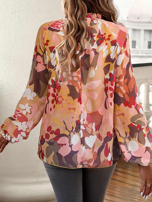 Spring Floral Print Blouse with Lantern Sleeves & Stand Collar
