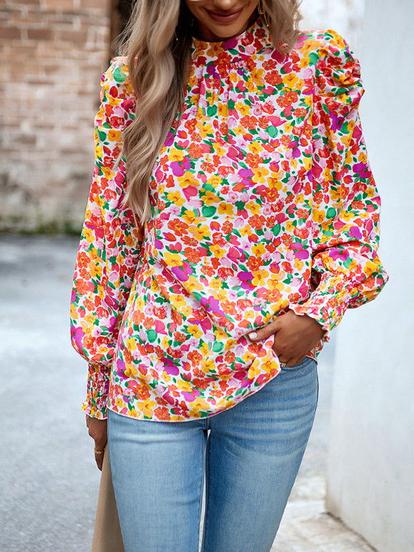 Stand Collar Bow-Back Top | Floral Print and Long Puff Sleeves Blouse