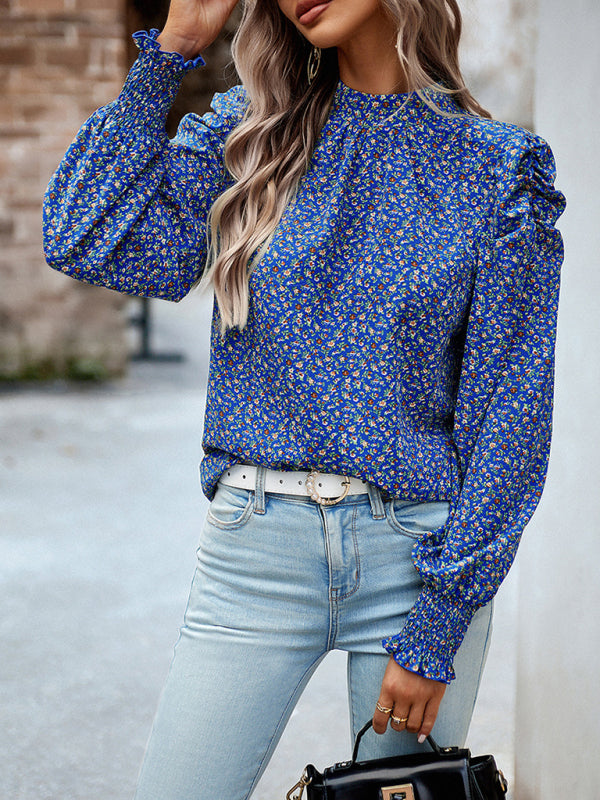Stand Collar Bow-Back Top | Floral Print and Long Puff Sleeves Blouse
