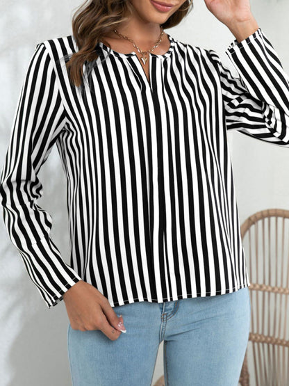 Blouses- Striped V-Neck Blouse with Long Sleeves- Chuzko Women Clothing