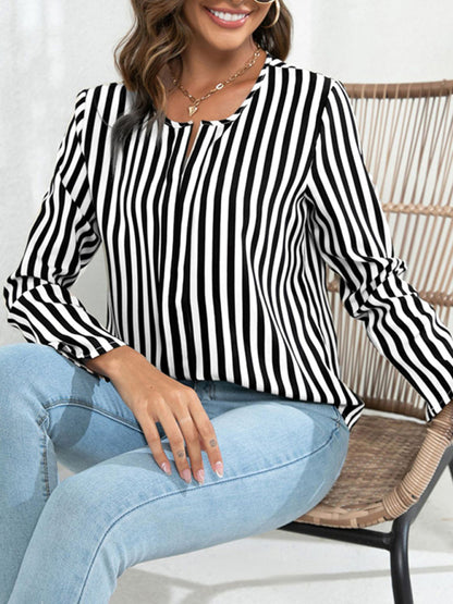Blouses- Striped V-Neck Blouse with Long Sleeves- Chuzko Women Clothing