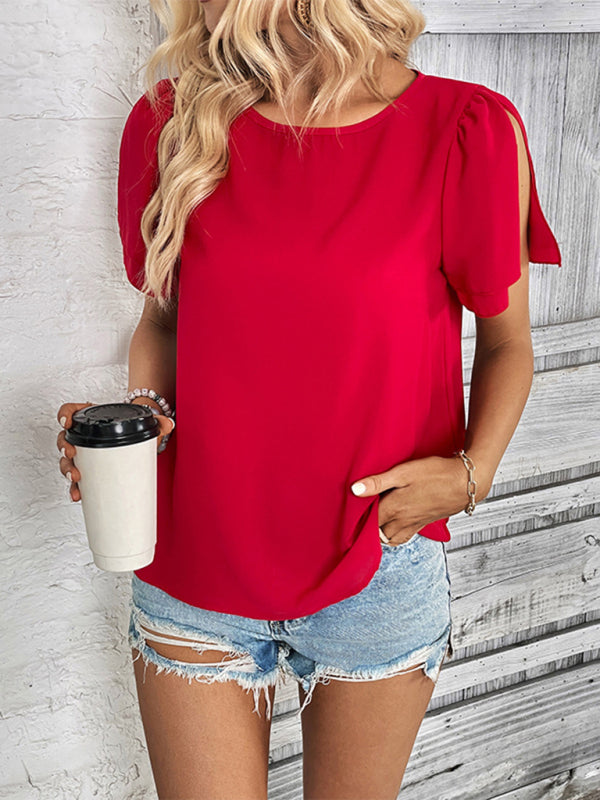 Blouses- Summer Essential Solid Crew-Neck Blouse with Puff Sleeves- Chuzko Women Clothing