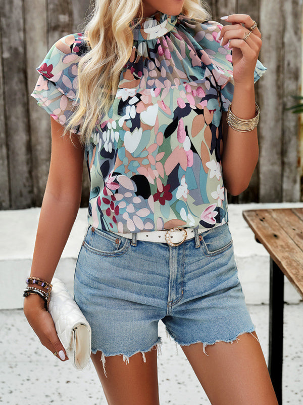 Blouses- Summer Floral Stand Frill Collared Blouse - Short Layered Sleeves Top- Chuzko Women Clothing