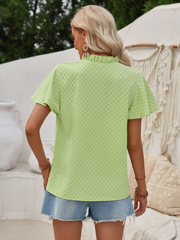 Blouses- Summer Textured V-Neck Blouse with Flounce Sleeves- Chuzko Women Clothing