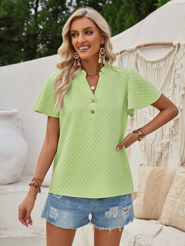 Blouses- Summer Textured V-Neck Blouse with Flounce Sleeves- Chuzko Women Clothing