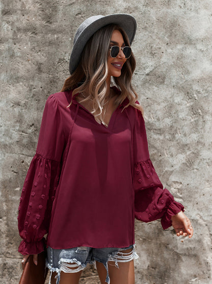 Swiss Dot Accents Tunic Top | V-Neck Blouse with Long Sleeves