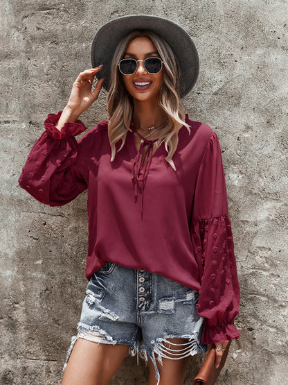 Swiss Dot Accents Tunic Top | V-Neck Blouse with Long Sleeves