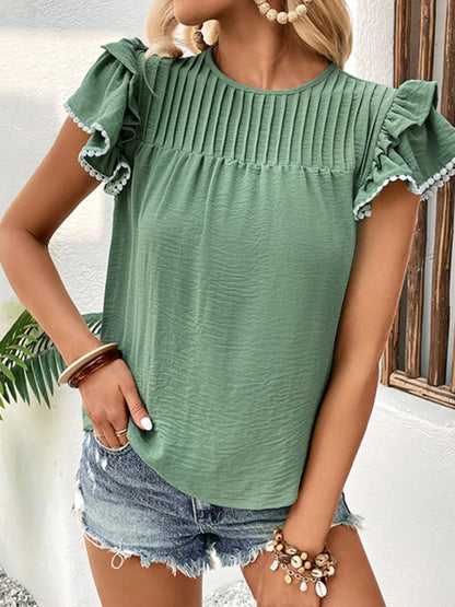 Blouses- Textured Casual Blouse - Layered Short Sleeve Top- Chuzko Women Clothing