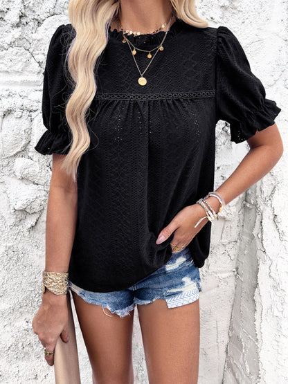 Blouses- Textured Eyelet Frill Stand Collar Blouse with Puff Sleeves- Black- Chuzko Women Clothing