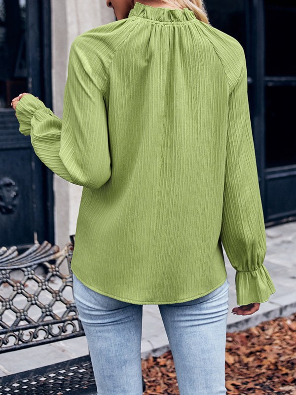 Blouses- Textured Frill Stand Collar Tunic Top - Loose Long Sleeves Blouse- - Chuzko Women Clothing