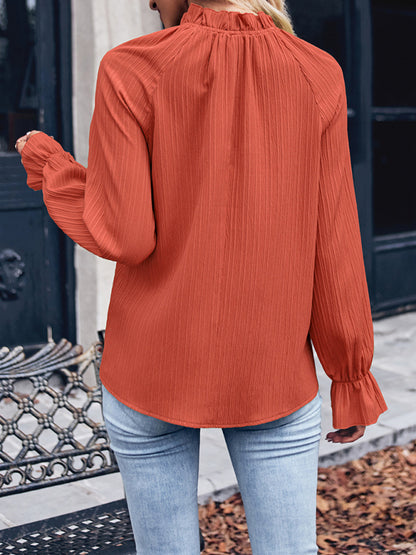 Blouses- Textured Frill Stand Collar Tunic Top - Loose Long Sleeves Blouse- - Chuzko Women Clothing