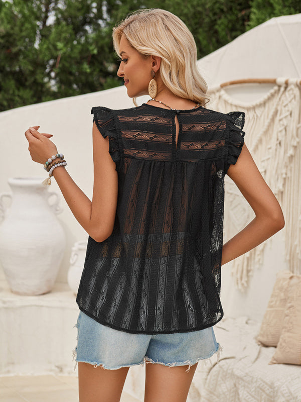 Textured Sleeveless Blouse | Frill Crew Neck Summer Top with Ruffles
