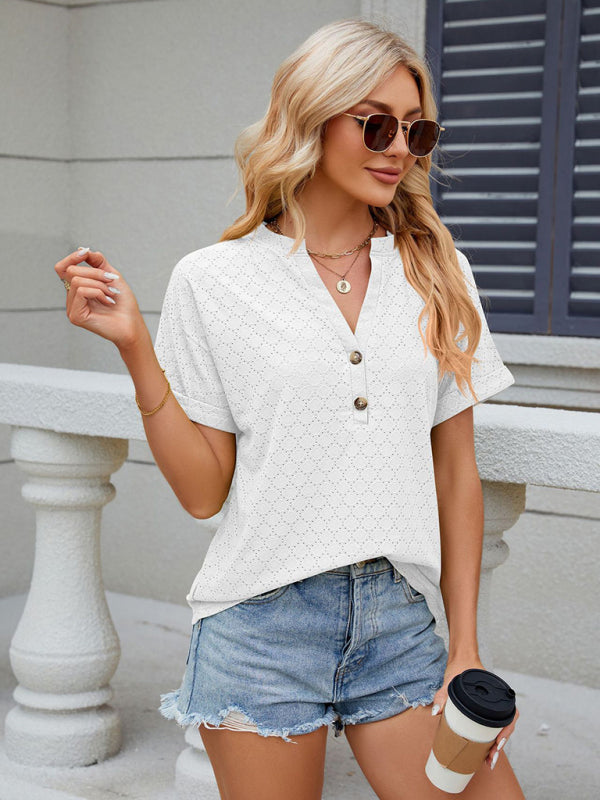 Blouses- Textured V-Neck Blouse - Short Sleeves with Half Button-Up T-shirt- Chuzko Women Clothing