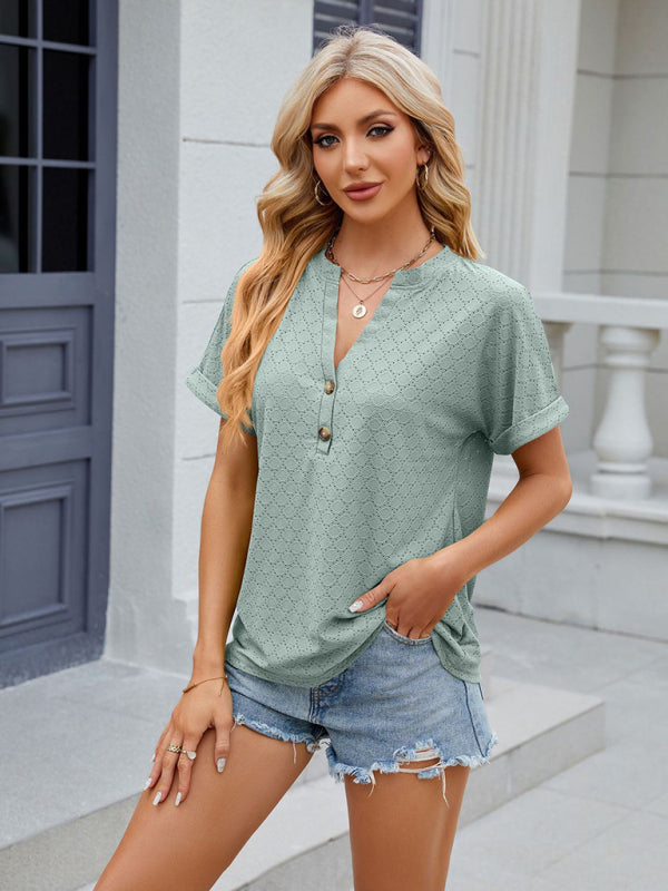 Blouses- Textured V-Neck Blouse - Short Sleeves with Half Button-Up T-shirt- Chuzko Women Clothing