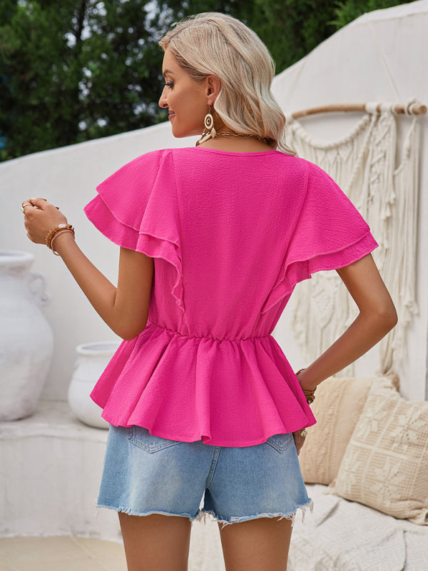 Textured V Neck Peplum Blouse | Layered Sleeve Summer Top