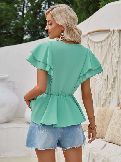 Textured V Neck Peplum Blouse | Layered Sleeve Summer Top