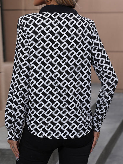 Blouses- Tie-Lapel Long Sleeve Blouse in Black Print- Chuzko Women Clothing