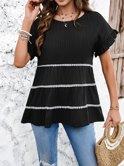Blouses- Tiered Tunic Blouse - Women's Textured Top with Frill Accents & Contrast Trim- - Chuzko Women Clothing
