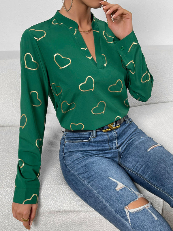 Blouses- V-Neck Blouse Shirt in Love Print with Long Sleeves- Chuzko Women Clothing