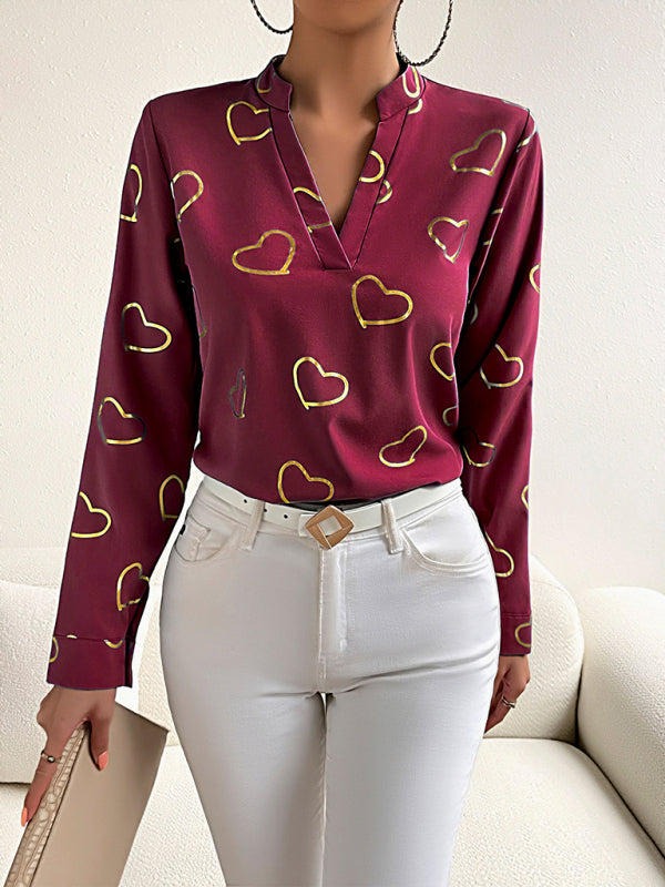 Blouses- V-Neck Blouse Shirt in Love Print with Long Sleeves- Chuzko Women Clothing