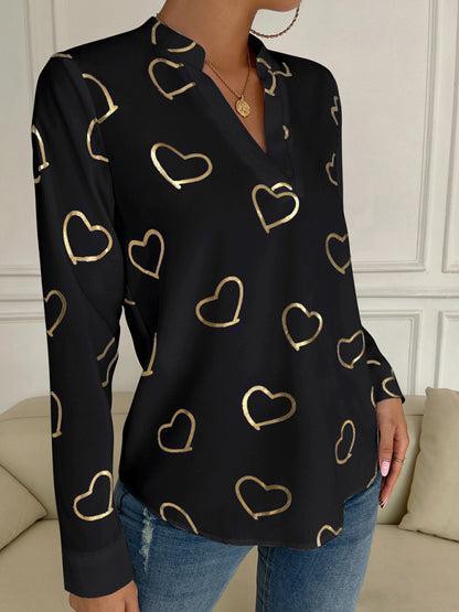 Blouses- V-Neck Blouse Shirt in Love Print with Long Sleeves- Chuzko Women Clothing