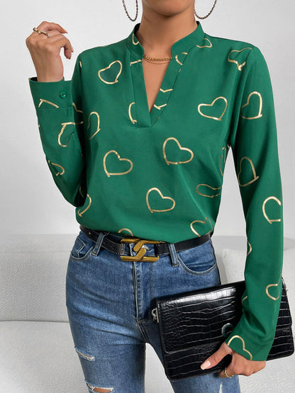 Blouses- V-Neck Blouse Shirt in Love Print with Long Sleeves- Chuzko Women Clothing