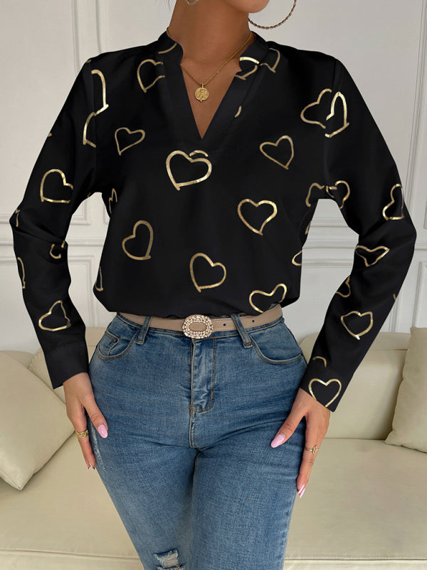 Blouses- V-Neck Blouse Shirt in Love Print with Long Sleeves- Chuzko Women Clothing