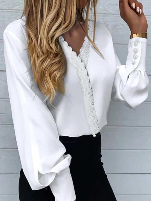 Blouses- V-Neck Blouse with Lace and Pearls - Lantern Sleeve Top for Spring- Chuzko Women Clothing