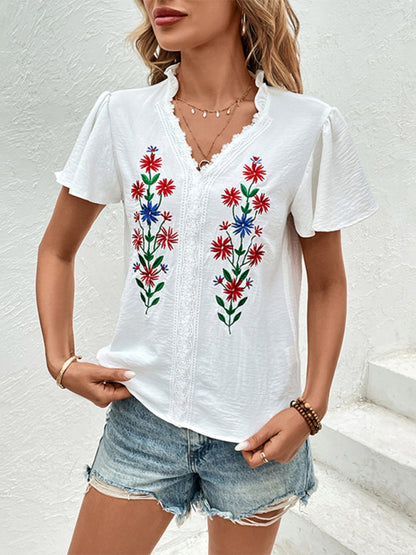 Blouses- V-Neck Embroidered Floral Blouse for a Breezy Summer- Chuzko Women Clothing