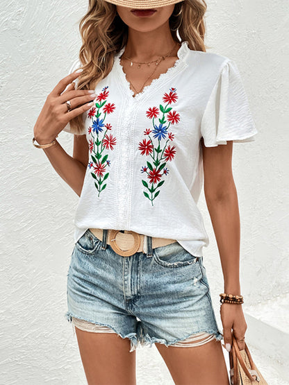 Blouses- V-Neck Embroidered Floral Blouse for a Breezy Summer- Chuzko Women Clothing