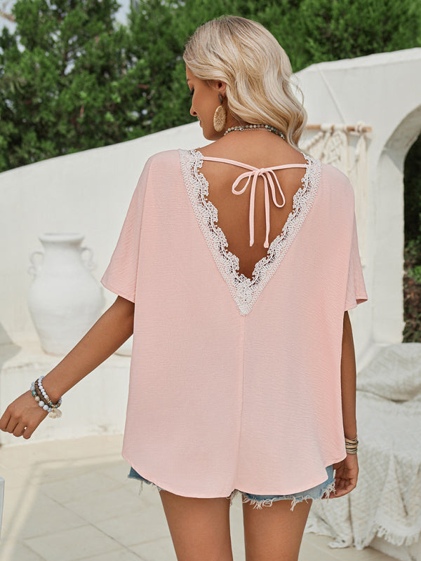 V-Open Back Lace Detail Blouse | Spring Textured Crew Neck Top