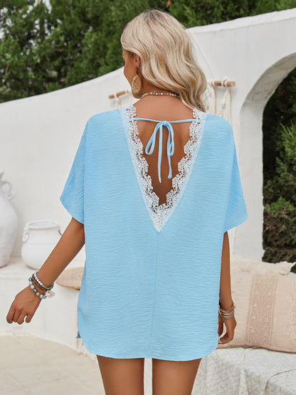 V-Open Back Lace Detail Blouse | Spring Textured Crew Neck Top