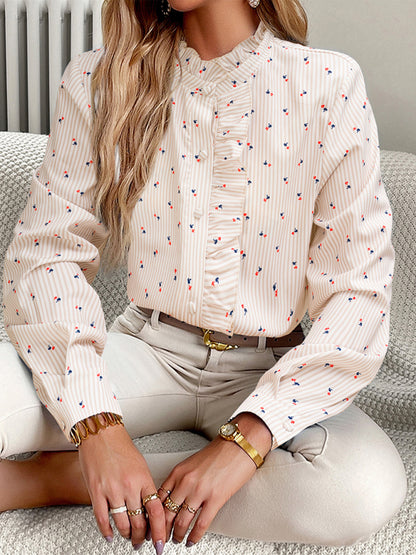 Vertical Stripe Button-Up Blouse | Long Sleeves Frill V-Neck Shirt