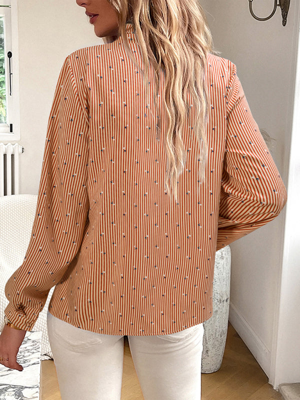 Vertical Stripe Button-Up Blouse | Long Sleeves Frill V-Neck Shirt