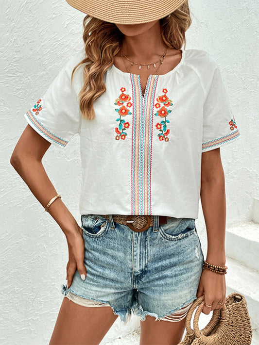 Blouses- Women's Short Sleeve Blouse with Embroidered Florals- White- Chuzko Women Clothing