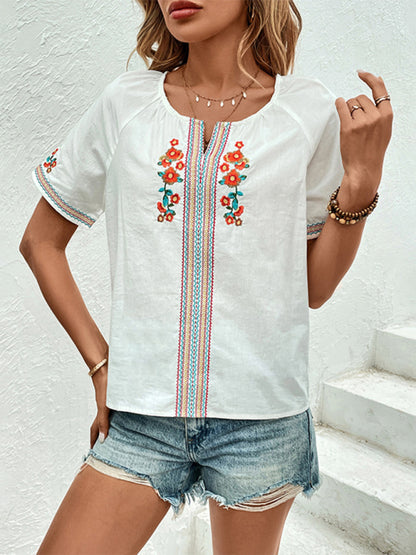 Blouses- Women's Short Sleeve Blouse with Embroidered Florals- - Chuzko Women Clothing