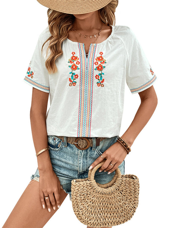 Blouses- Women's Short Sleeve Blouse with Embroidered Florals- - Chuzko Women Clothing