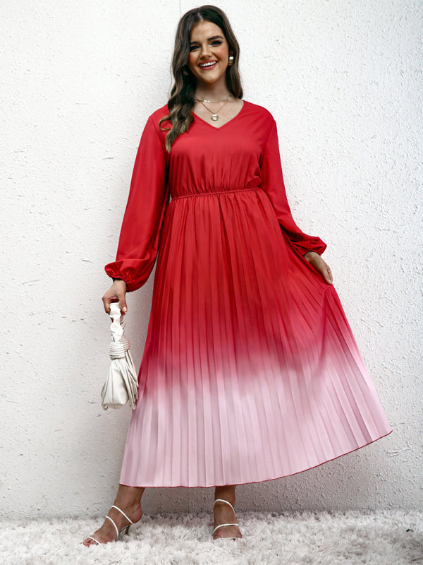 Blouson Dresses- Gradient Pleated Plus Size Blouson Dress with Long Sleeves- - Chuzko Women Clothing