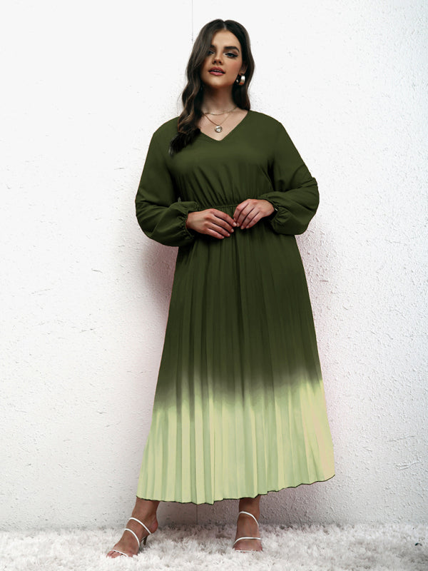Blouson Dresses- Gradient Pleated Plus Size Blouson Dress with Long Sleeves- - Chuzko Women Clothing