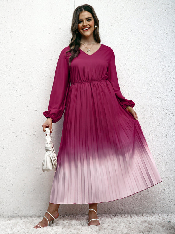 Blouson Dresses- Gradient Pleated Plus Size Blouson Dress with Long Sleeves- Purplish red- Chuzko Women Clothing