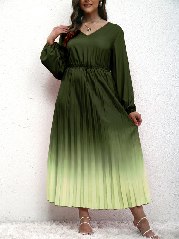Blouson Dresses- Gradient Pleated Plus Size Blouson Dress with Long Sleeves- Green black jasper- Chuzko Women Clothing