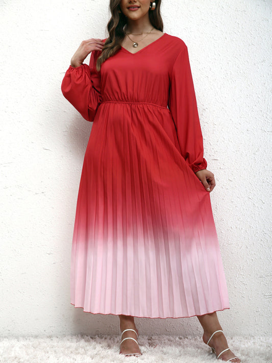 Blouson Dresses- Gradient Pleated Plus Size Blouson Dress with Long Sleeves- Watermelon Red- Chuzko Women Clothing