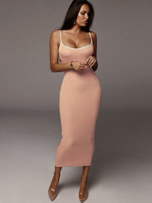 Bodycon Dresses- Bodycon Cami Midi Dress in Contrast Binding- Pink- Chuzko Women Clothing