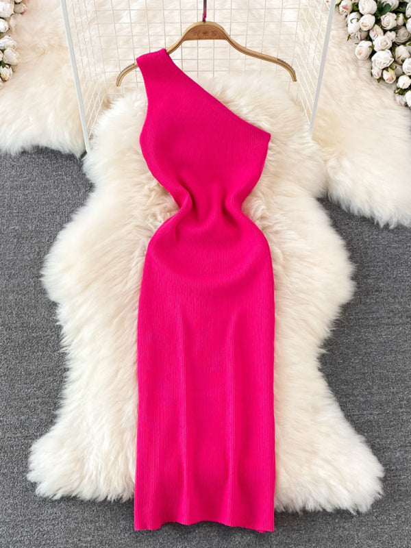 Bodycon Dresses- Curve-Hugging One Shoulder Bodycon Midi Dress in High Stretch- Rose- Chuzko Women Clothing