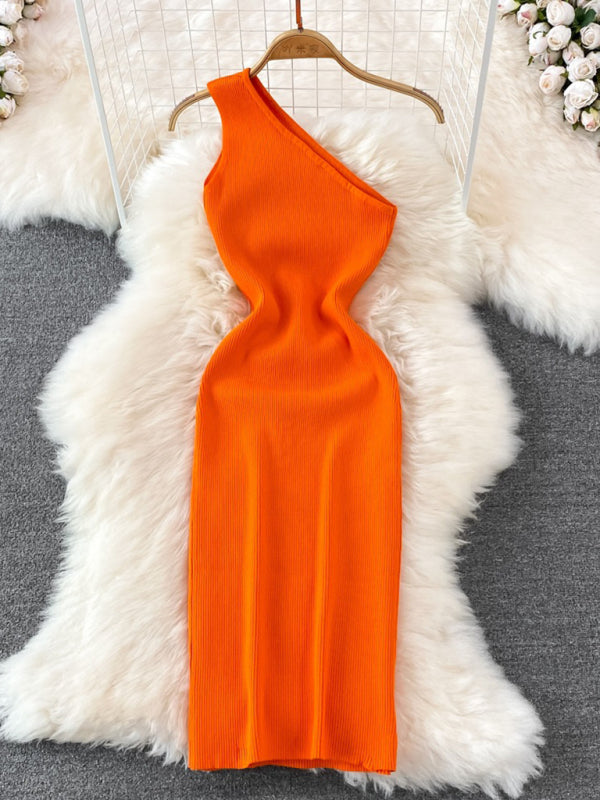 Bodycon Dresses- Curve-Hugging One Shoulder Bodycon Midi Dress in High Stretch- - Chuzko Women Clothing