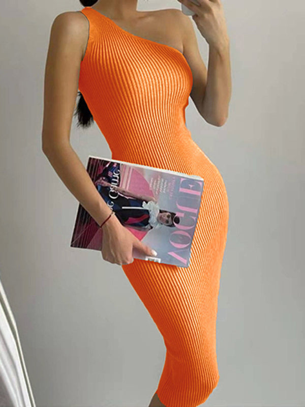Bodycon Dresses- Curve-Hugging One Shoulder Bodycon Midi Dress in High Stretch- Orange- Chuzko Women Clothing