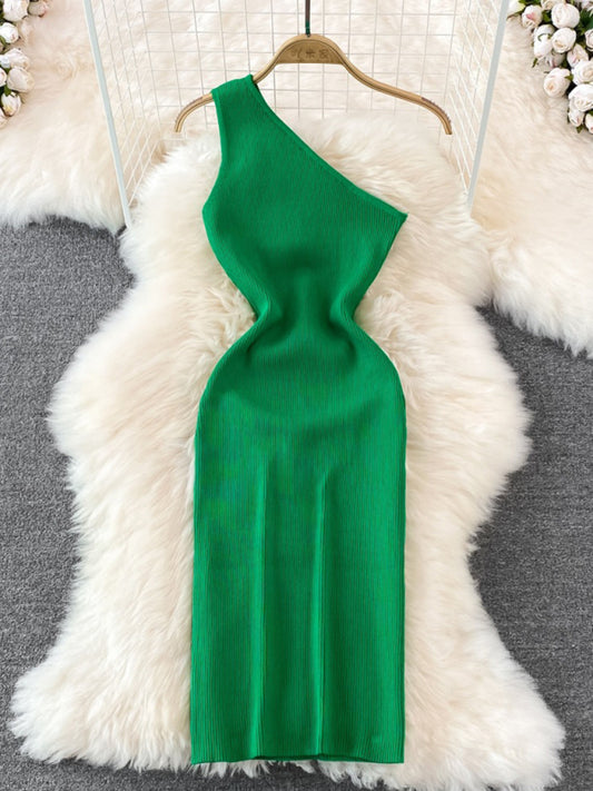 Bodycon Dresses- Curve-Hugging One Shoulder Bodycon Midi Dress in High Stretch- Green- Chuzko Women Clothing